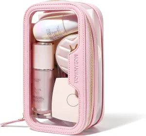 ROWNYEON Waterproof Toiletry Organizer Train Case, CLear Travel Makeup Bag for Women，Transparent Cosmetic Bag，Portable Makeup Case Organizer (pink)