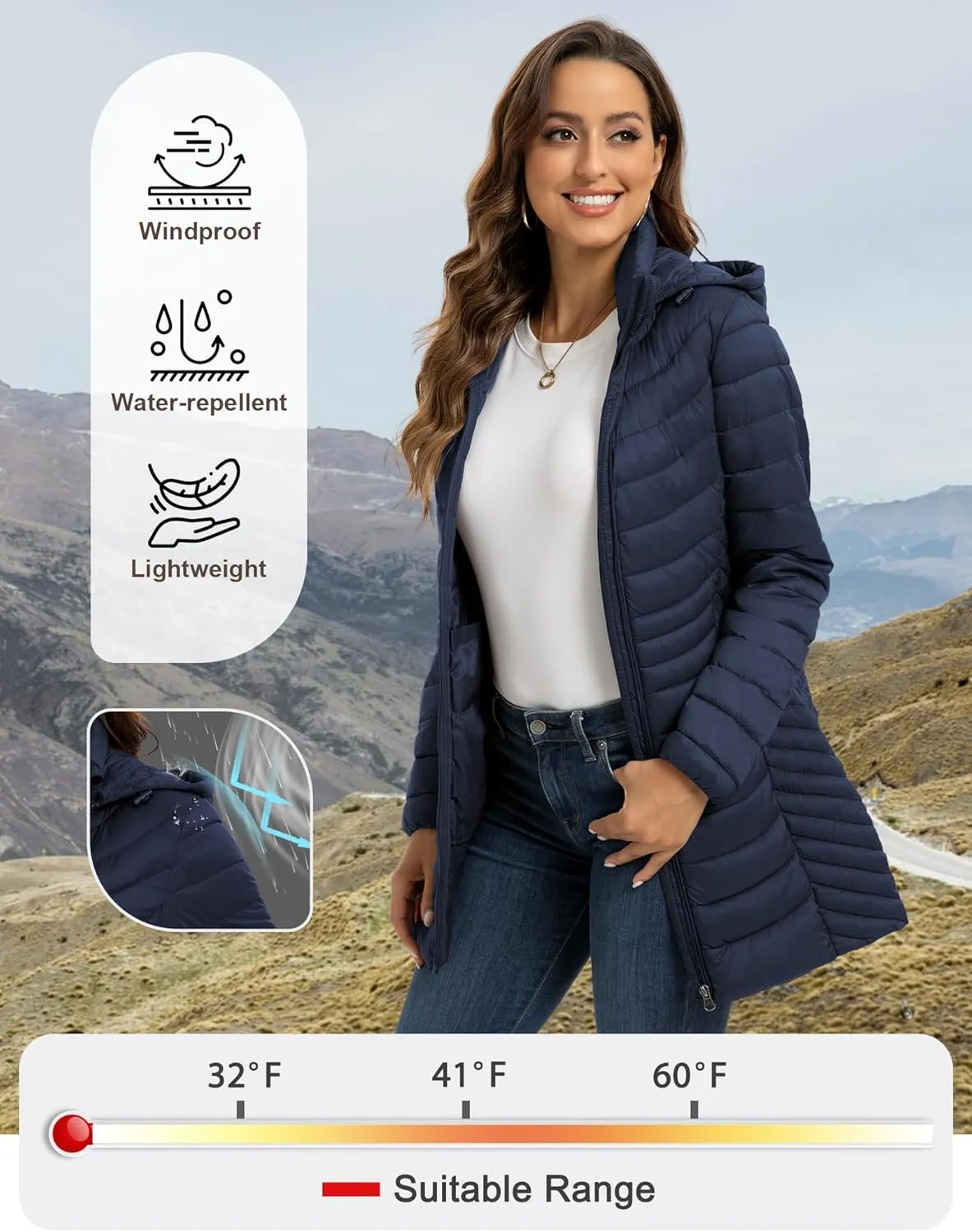 ROYAL MATRIX Packable Puffer Jacket for Women Hooded Lightweight Quilted Travel Long Puffer Coat with Pockets