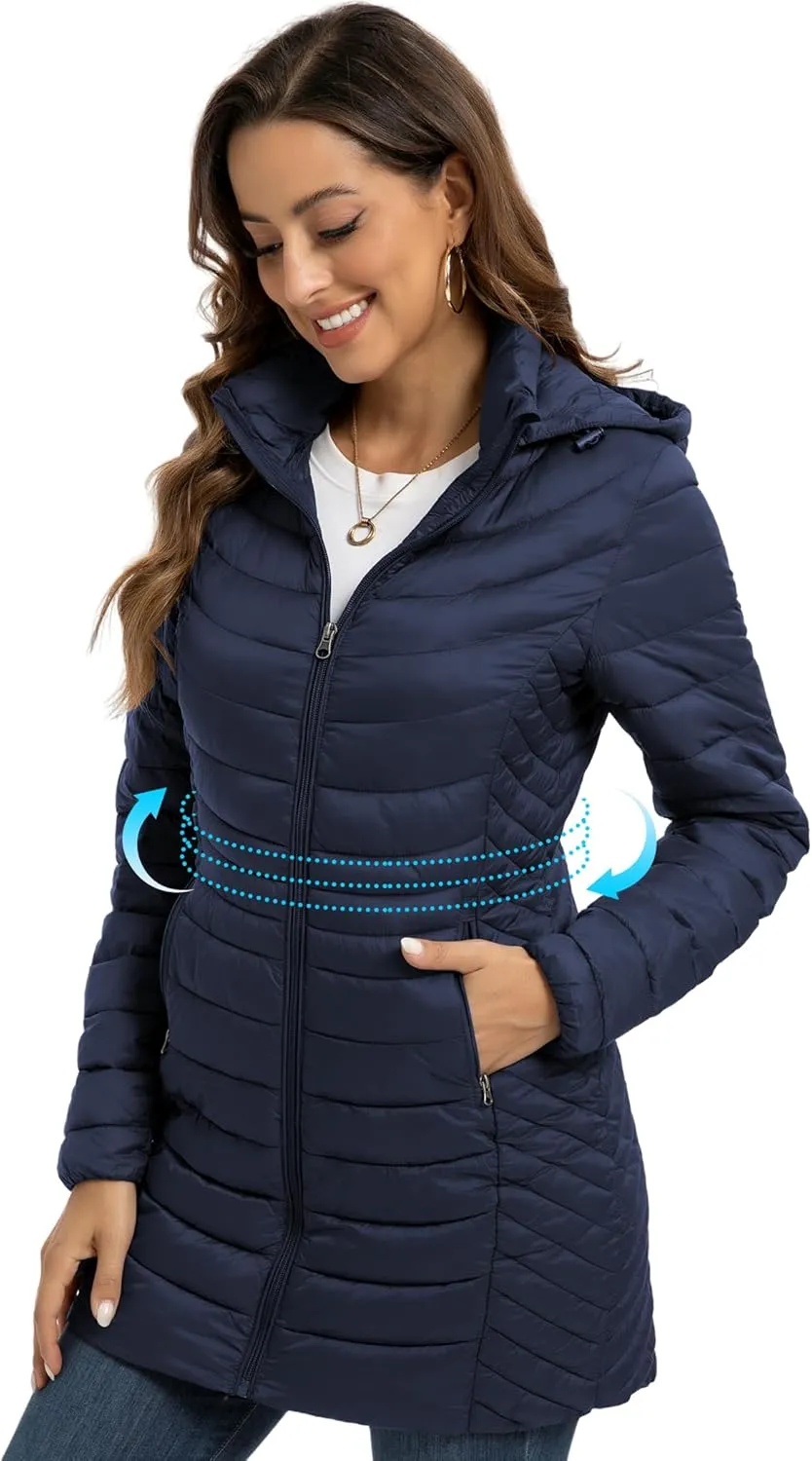 ROYAL MATRIX Packable Puffer Jacket for Women Hooded Lightweight Quilted Travel Long Puffer Coat with Pockets