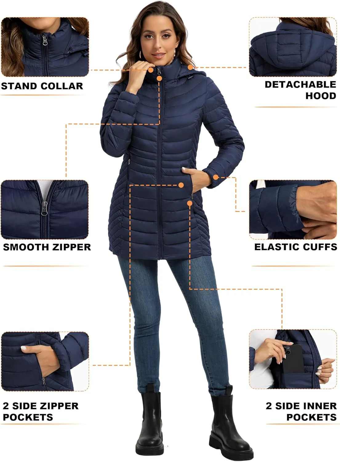 ROYAL MATRIX Packable Puffer Jacket for Women Hooded Lightweight Quilted Travel Long Puffer Coat with Pockets