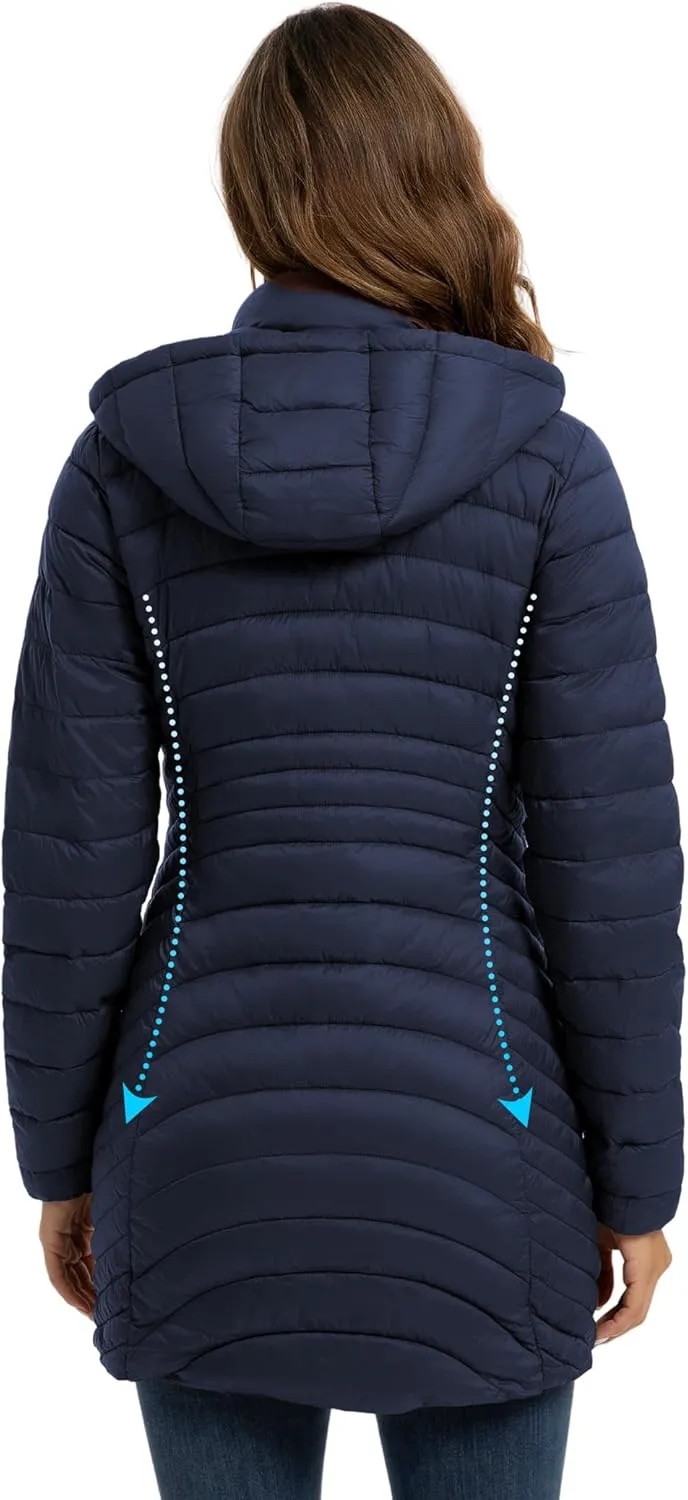 ROYAL MATRIX Packable Puffer Jacket for Women Hooded Lightweight Quilted Travel Long Puffer Coat with Pockets