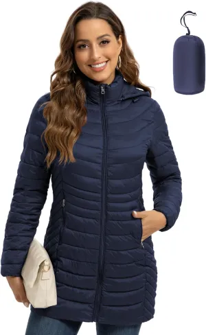 ROYAL MATRIX Packable Puffer Jacket for Women Hooded Lightweight Quilted Travel Long Puffer Coat with Pockets