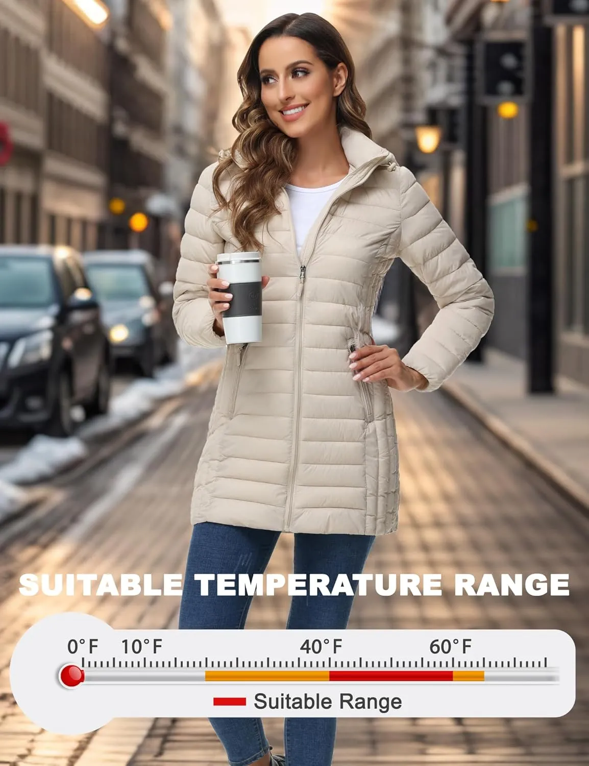 ROYAL MATRIX Women's Packable Puffer Jacket with Hood, Lightweight Quilted Travel Long Puffer Coat with Pockets