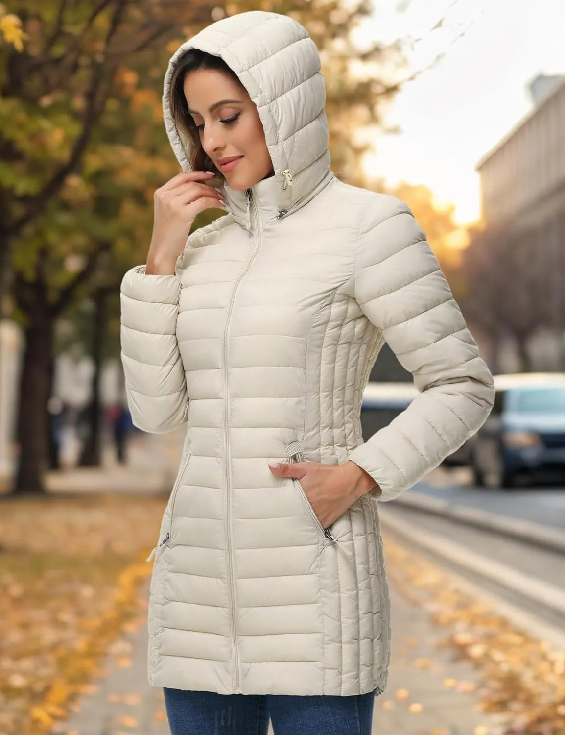 ROYAL MATRIX Women's Packable Puffer Jacket with Hood, Lightweight Quilted Travel Long Puffer Coat with Pockets