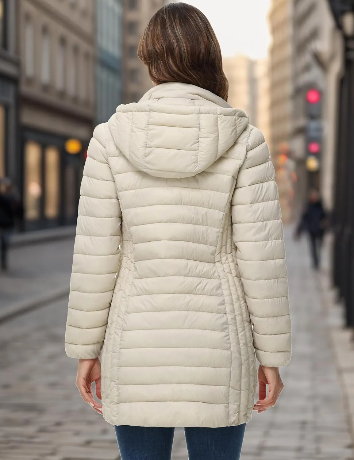 ROYAL MATRIX Women's Packable Puffer Jacket with Hood, Lightweight Quilted Travel Long Puffer Coat with Pockets