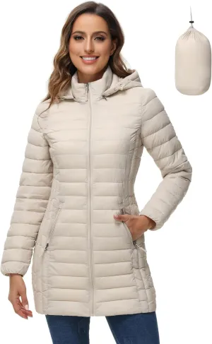 ROYAL MATRIX Women's Packable Puffer Jacket with Hood, Lightweight Quilted Travel Long Puffer Coat with Pockets