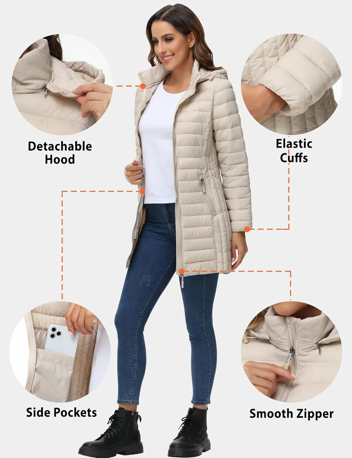 ROYAL MATRIX Women's Packable Puffer Jacket with Hood, Lightweight Quilted Travel Long Puffer Coat with Pockets