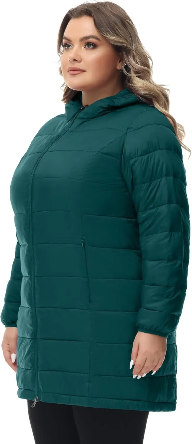 ROYAL MATRIX Women's Plus Size Puffer Jacket Packable Lightweight Hooded Quilted Spring Fall Long Puffer Coat