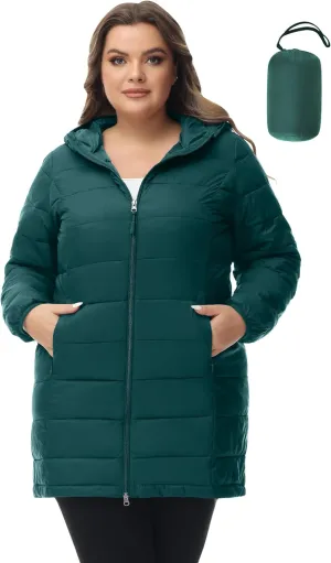 ROYAL MATRIX Women's Plus Size Puffer Jacket Packable Lightweight Hooded Quilted Spring Fall Long Puffer Coat