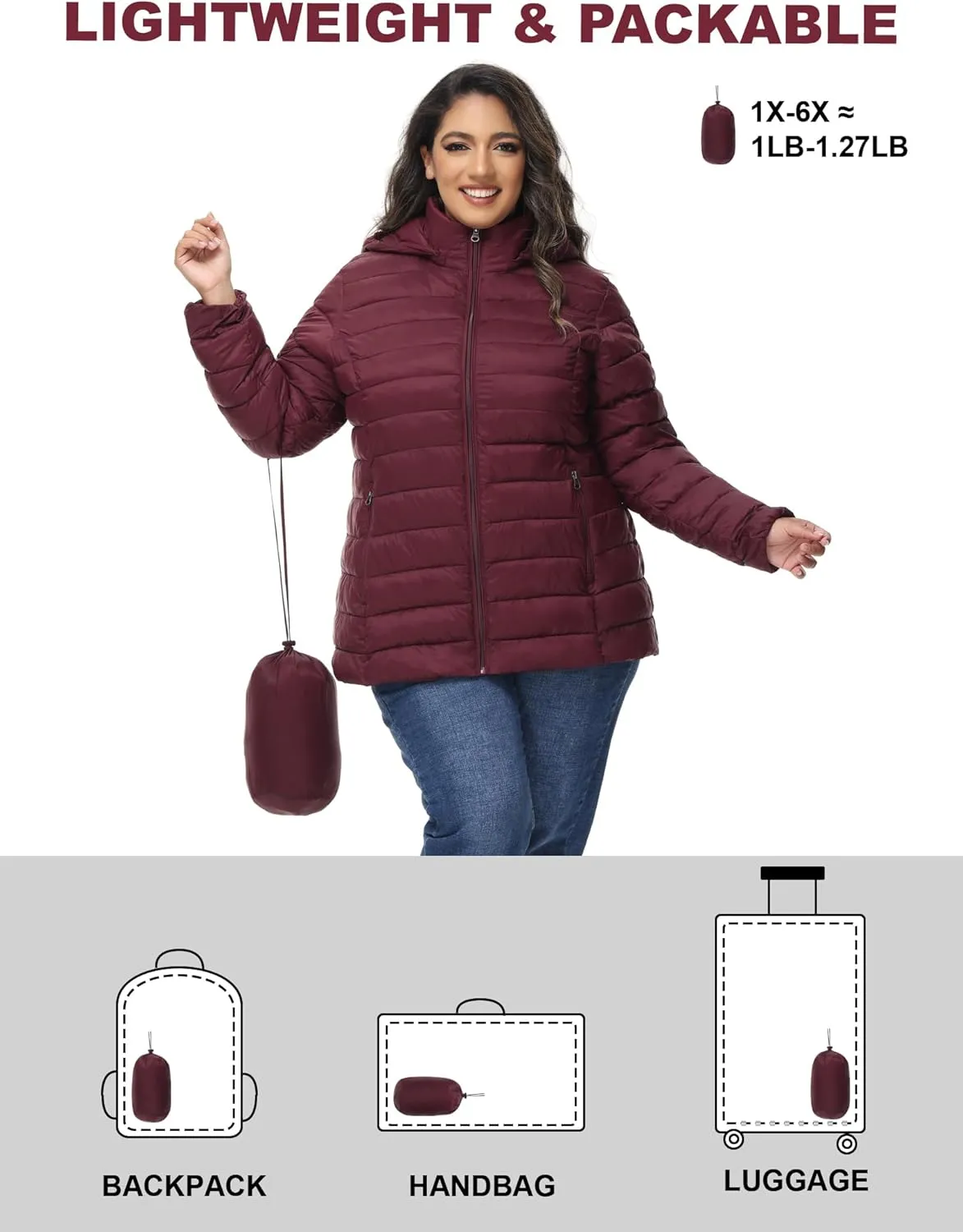 ROYAL MATRIX Women's Plus Size Puffer Jacket with Hood, Packable Lightweight Quilted Travel Outwear Puffer Coat with Pockets