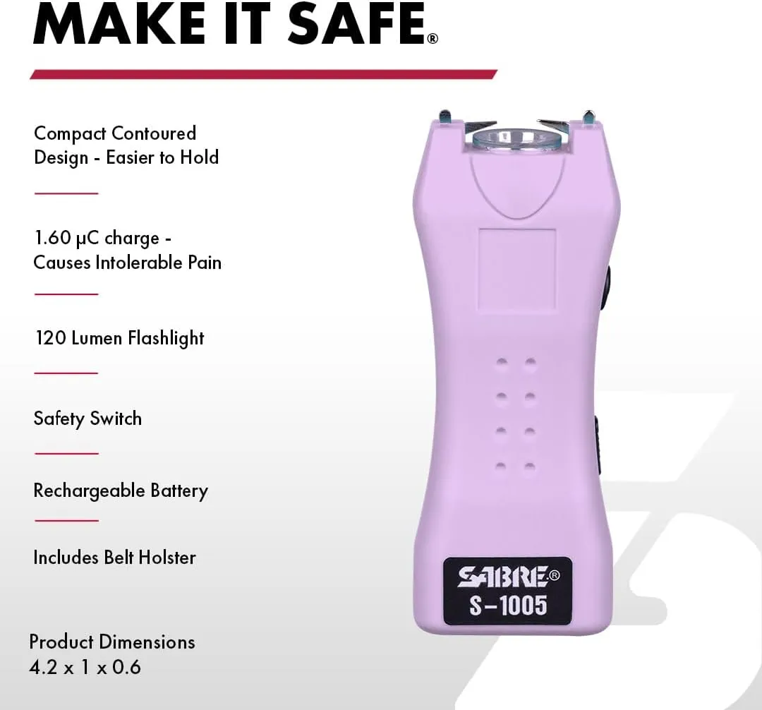 SABRE 2-in-1 Stun Gun and Flashlight and Belt Holster, Emits 1.60 Powerful Pain Inducing Microcoulombs (µC) Charge, 120 Lumen LED Flashlight, Rubberized Grip, Compact Design, Rechargeable