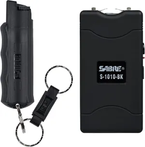 SABRE Pepper Spray And 2-in-1 Stun Gun and Flashlight, 25 Bursts of Max Strength OC Spray, Intuitive Finger Grip, 0.54 fl oz, Painful 1.160 µC Charge, 120 Lumens, Rechargeable, Safety Switch, Holster