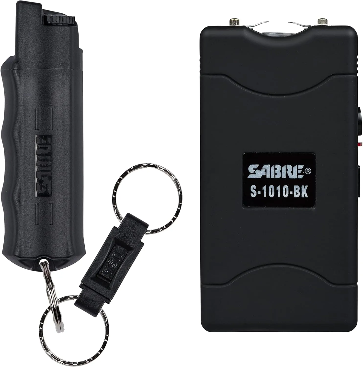 SABRE Pepper Spray And 2-in-1 Stun Gun and Flashlight, 25 Bursts of Max Strength OC Spray, Intuitive Finger Grip, 0.54 fl oz, Painful 1.160 µC Charge, 120 Lumens, Rechargeable, Safety Switch, Holster