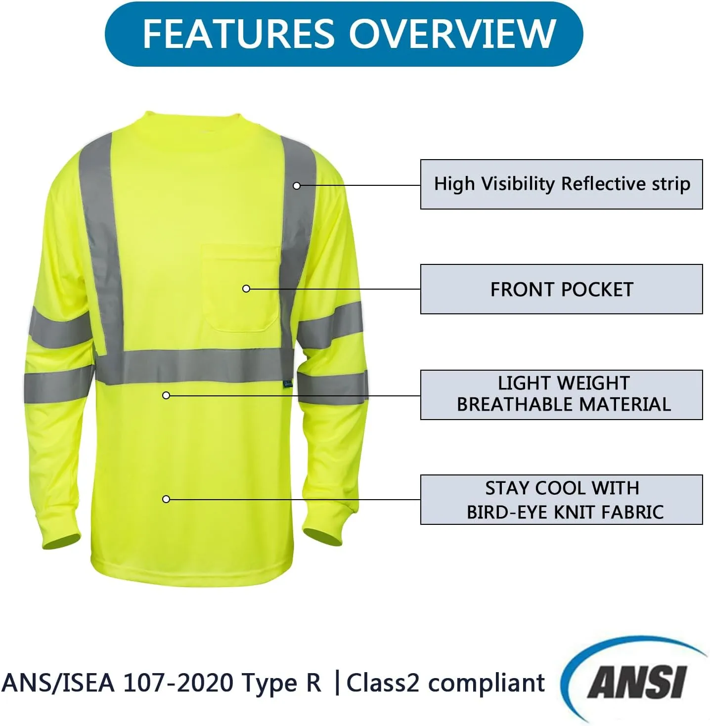 Safety Shirt Long Short Sleeve High Visibility Breathable T Shirt for Work Warehouse Construction Class 3