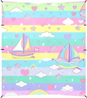 Sailboat Island Cartoon Stripe Foldable Beach Tent UPF50  Easy Setup Outdoor Sun Shade with Sand Shovel, Sandbags for Backyard and Camping
