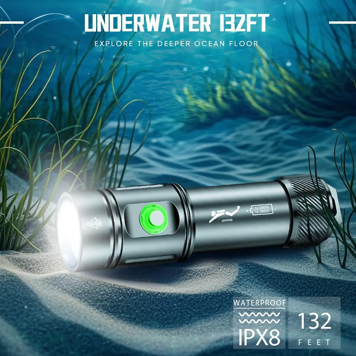 Scuba Diving Flashlight with Rechargeable Power 2500 Lumens Underwater Flashlight 328ft IPX8 Waterproof 4 Modes Scuba Dive Light with Charger for Deep Sea Snorkeling (Black)