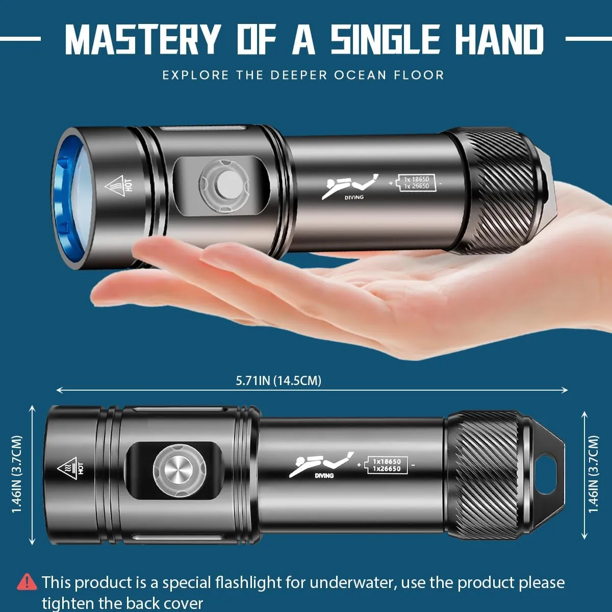 Scuba Diving Flashlight with Rechargeable Power 2500 Lumens Underwater Flashlight 328ft IPX8 Waterproof 4 Modes Scuba Dive Light with Charger for Deep Sea Snorkeling (Black)