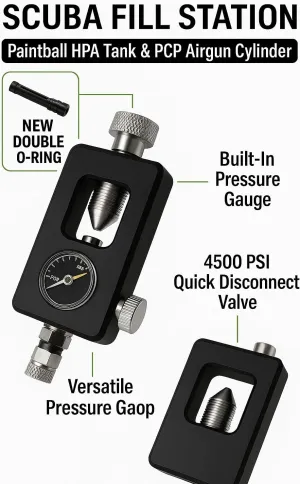 Scuba Fill Station with Pressure Gauge – Paintball HPA Tank Refill Adapter | PCP Airgun & Diving Cylinder Charging Kit | 4500 PSI Quick Disconnect Valve