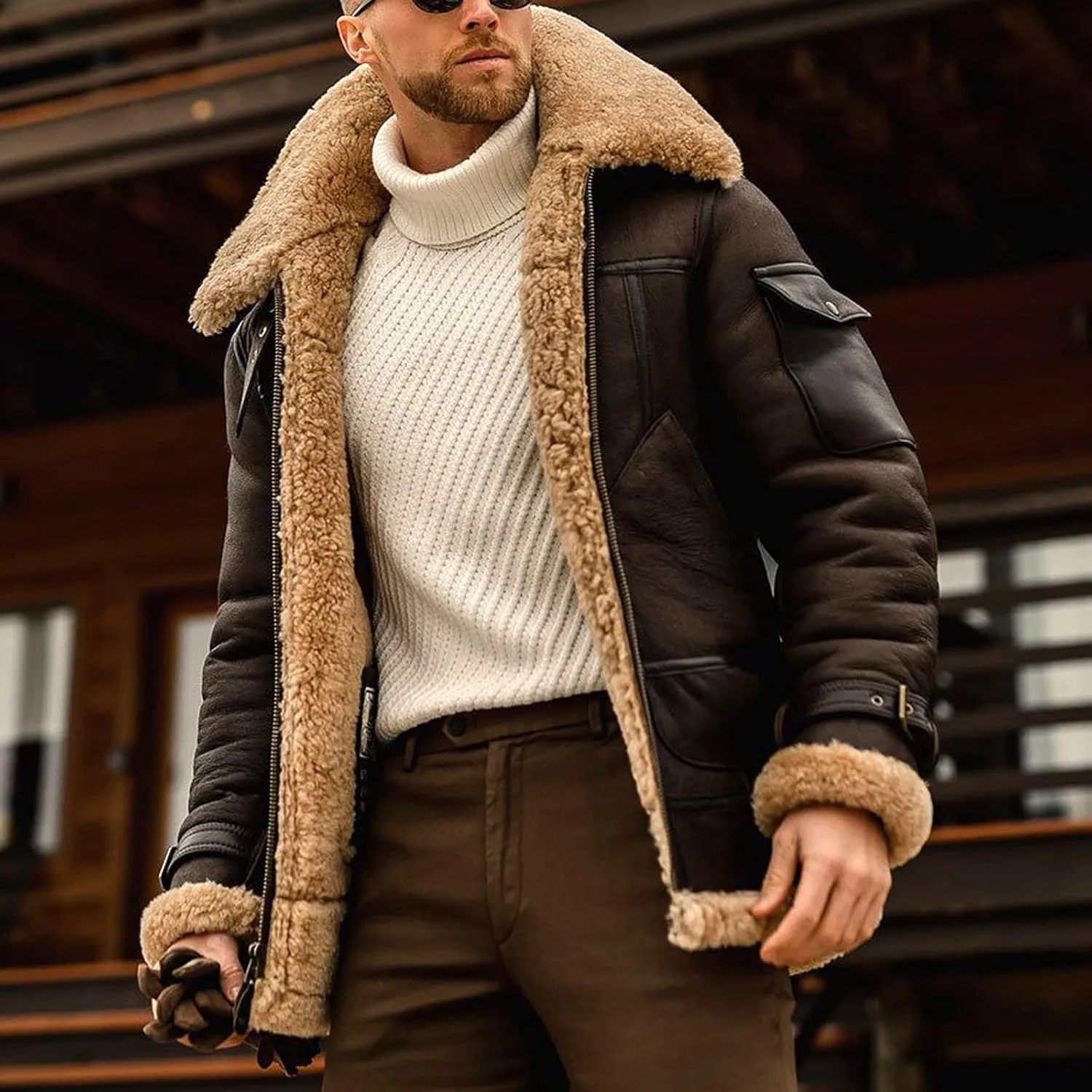 Sherpa Lined Leather Jacket Men Suede Sherpa Shearling Faux Fur Leather Coat Sheepskin Winter Coat Fur Collar Jacket