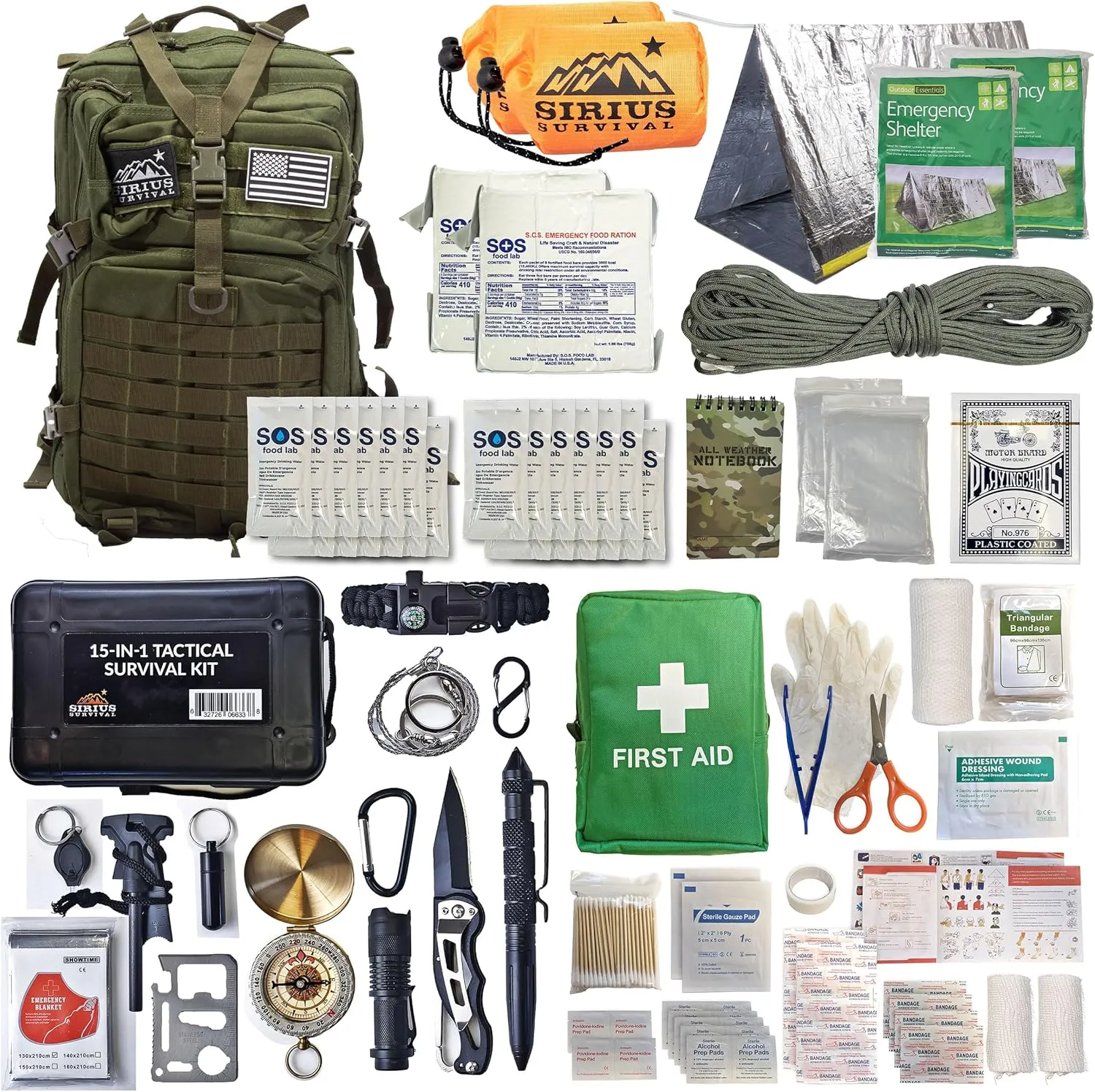 Sirius: Bug Out Bag Starter Kit - 72 Hour Kit for 1 Person – Backpack Survival Kit – 50L Tactical Backpack, US Made Food & Water, Medical Supplies & Survival Tools