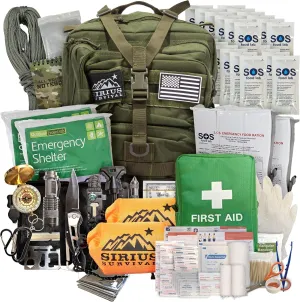 Sirius: Bug Out Bag Starter Kit - 72 Hour Kit for 1 Person – Backpack Survival Kit – 50L Tactical Backpack, US Made Food & Water, Medical Supplies & Survival Tools