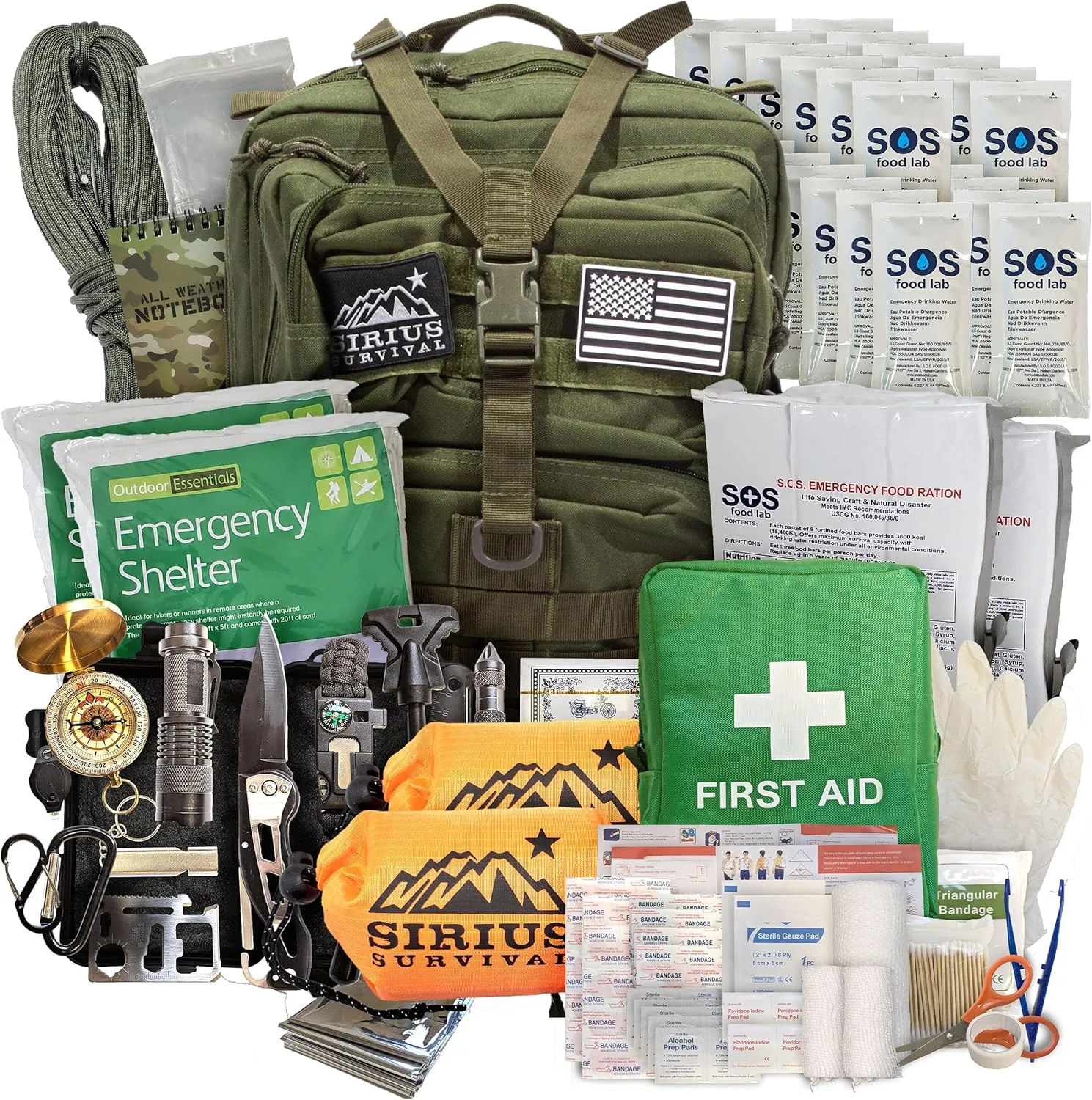 Sirius: Bug Out Bag Starter Kit - 72 Hour Kit for 1 Person – Backpack Survival Kit – 50L Tactical Backpack, US Made Food & Water, Medical Supplies & Survival Tools