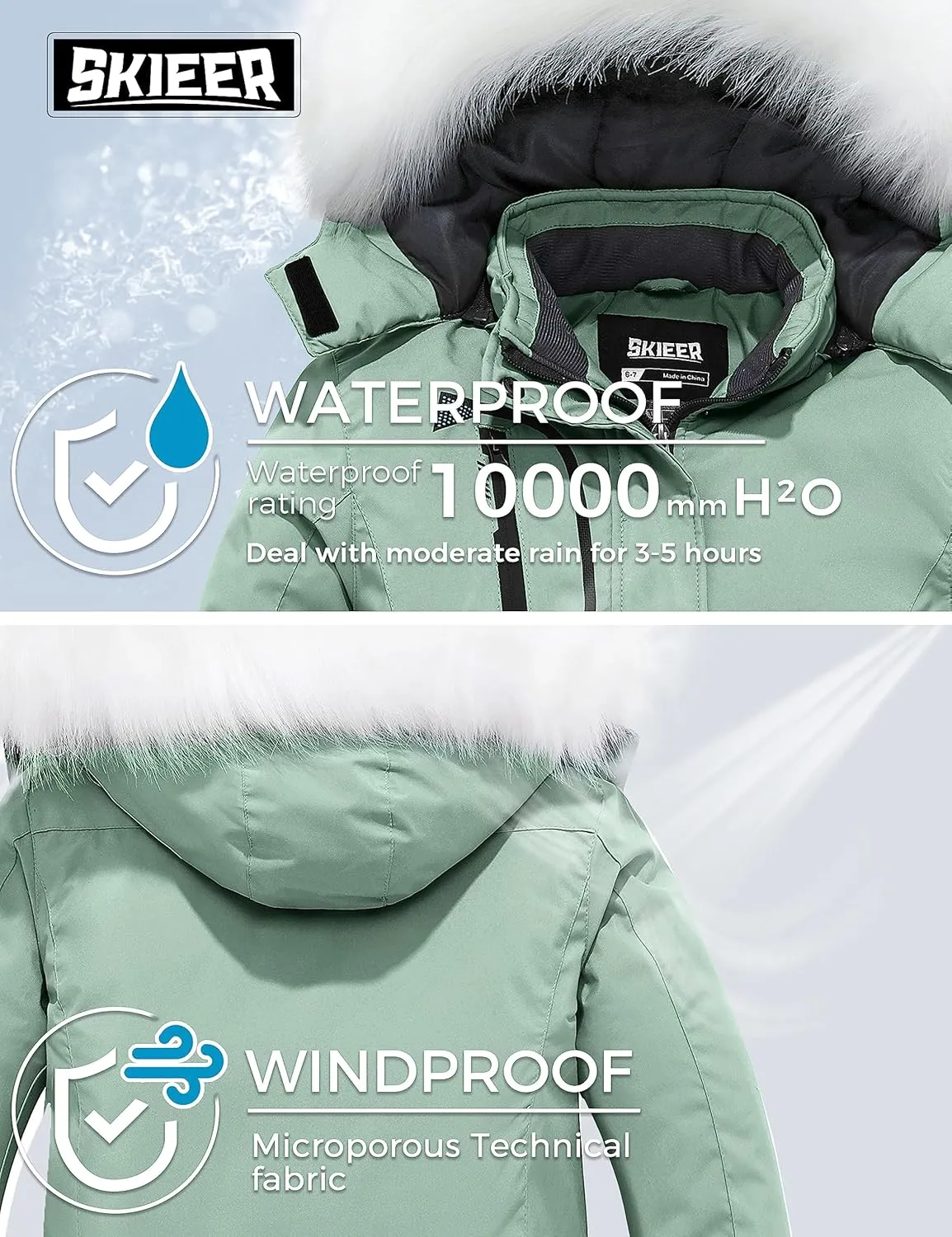 Skieer Girl's Waterproof Ski Jacket Windproof Winter Jacket Hooded Rain Coat