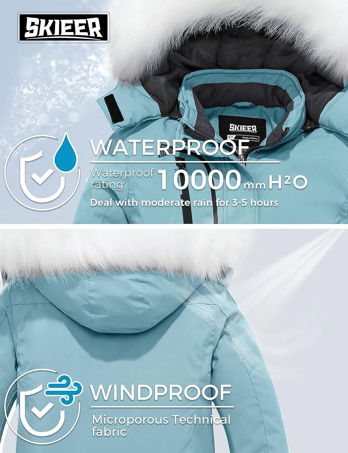 Skieer Girl's Waterproof Ski Jacket Windproof Winter Jacket Hooded Rain Coat
