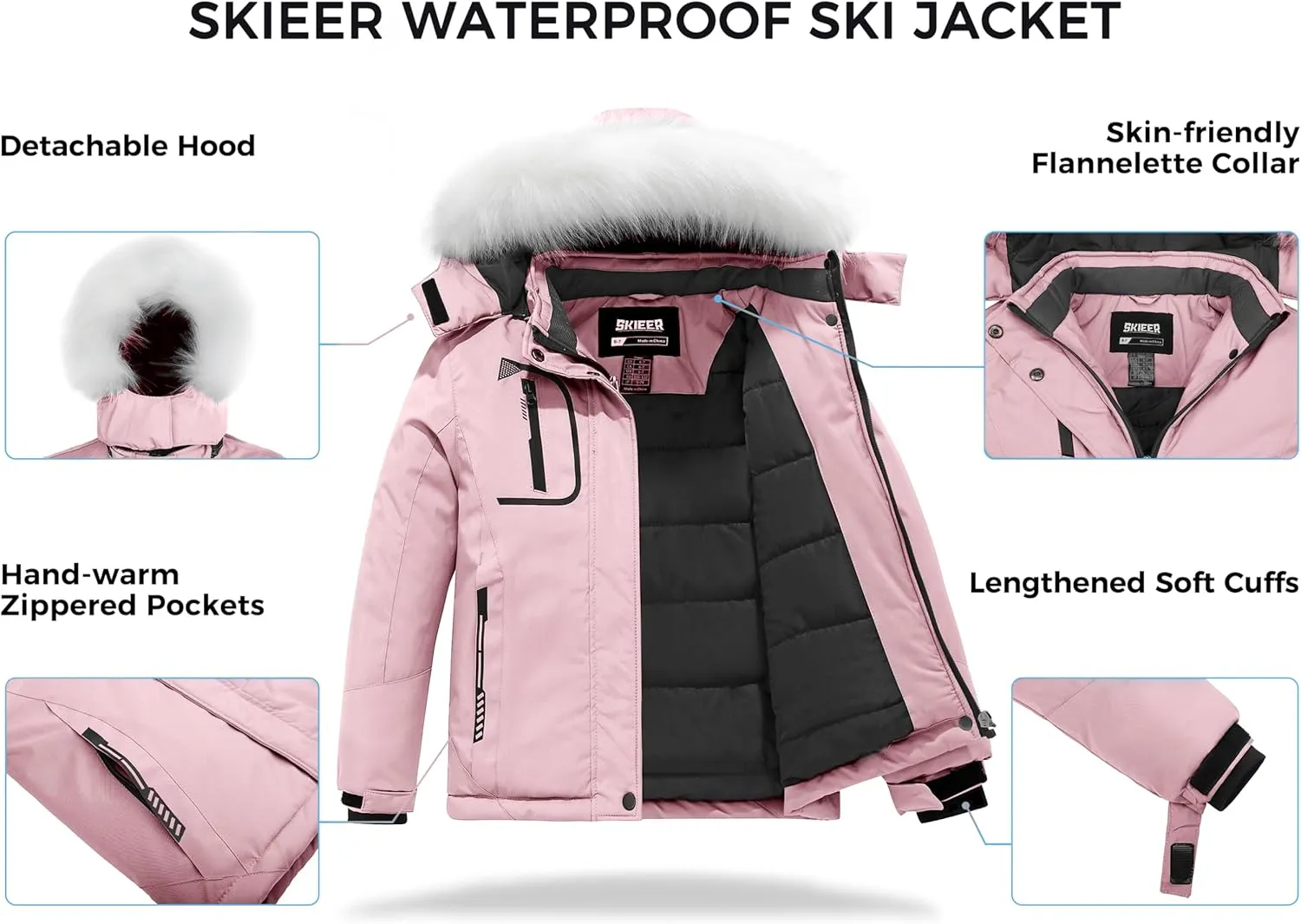 Skieer Girl's Waterproof Ski Jacket Windproof Winter Jacket Hooded Rain Coat