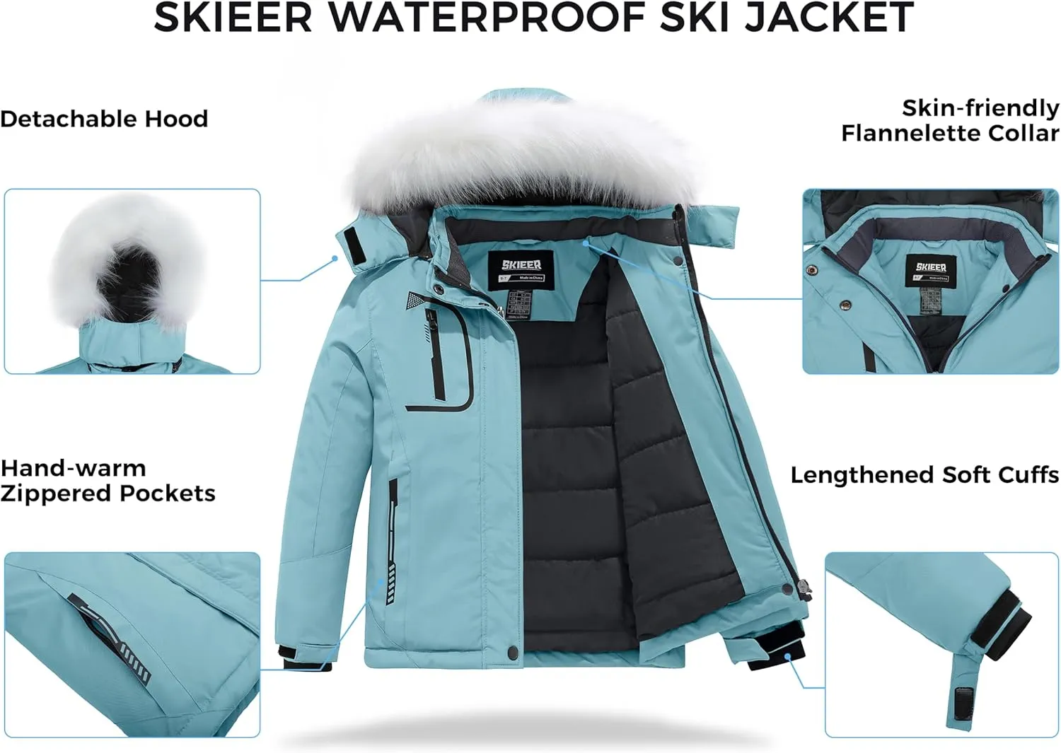 Skieer Girl's Waterproof Ski Jacket Windproof Winter Jacket Hooded Rain Coat