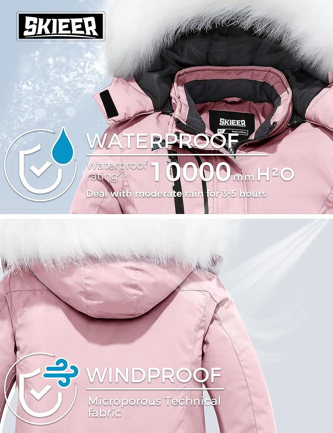 Skieer Girl's Waterproof Ski Jacket Windproof Winter Jacket Hooded Rain Coat