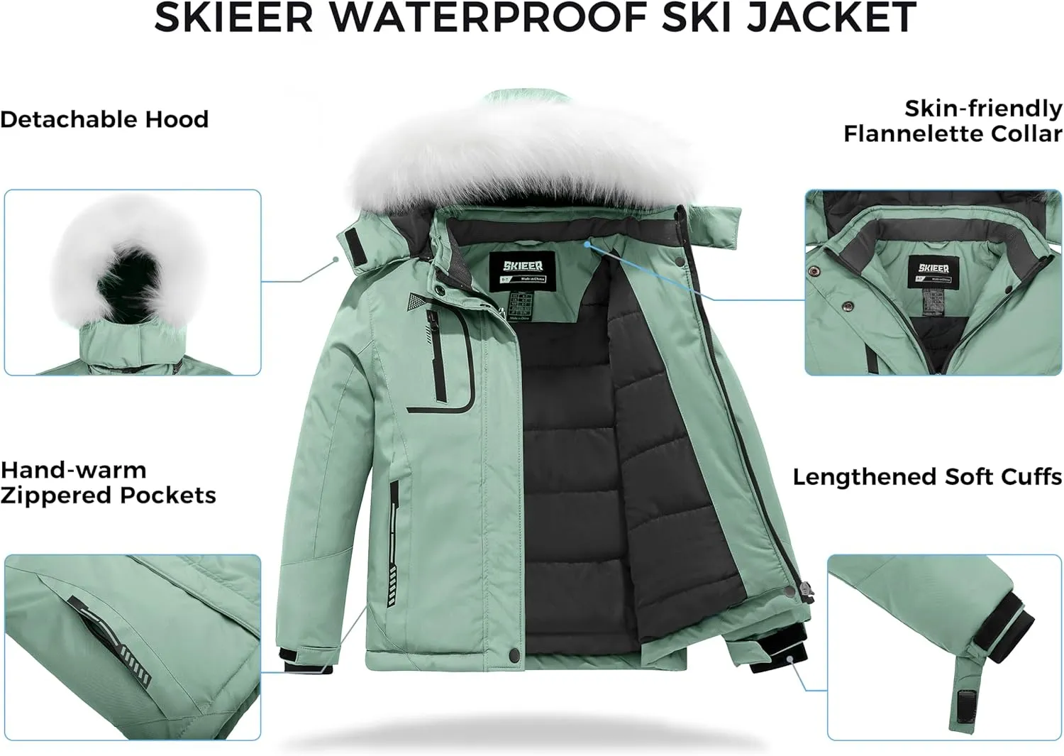Skieer Girl's Waterproof Ski Jacket Windproof Winter Jacket Hooded Rain Coat