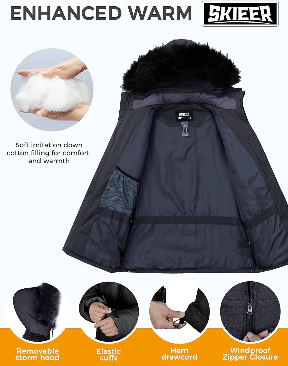 Skieer Men's Waterproof Ski Jacket Windproof Winter Coat Hooded Puffer Jacket Snowboard Rain Jacket