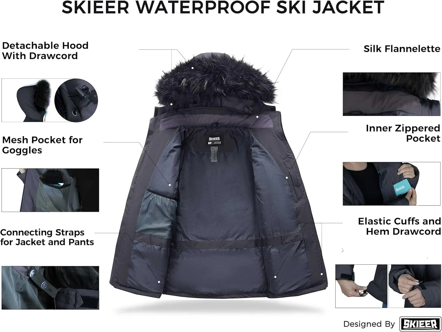 Skieer Men's Waterproof Ski Jacket Windproof Winter Coat Hooded Puffer Jacket Snowboard Rain Jacket