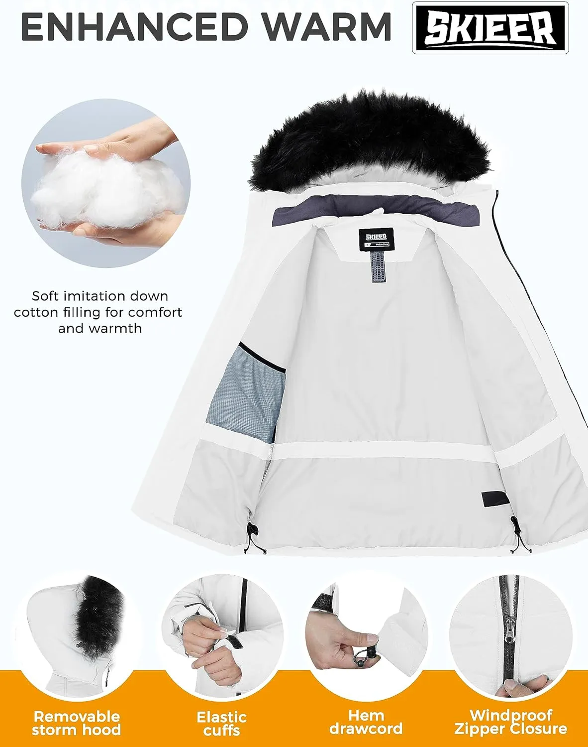 Skieer Men's Waterproof Ski Jacket Windproof Winter Coat Hooded Puffer Jacket Snowboard Rain Jacket