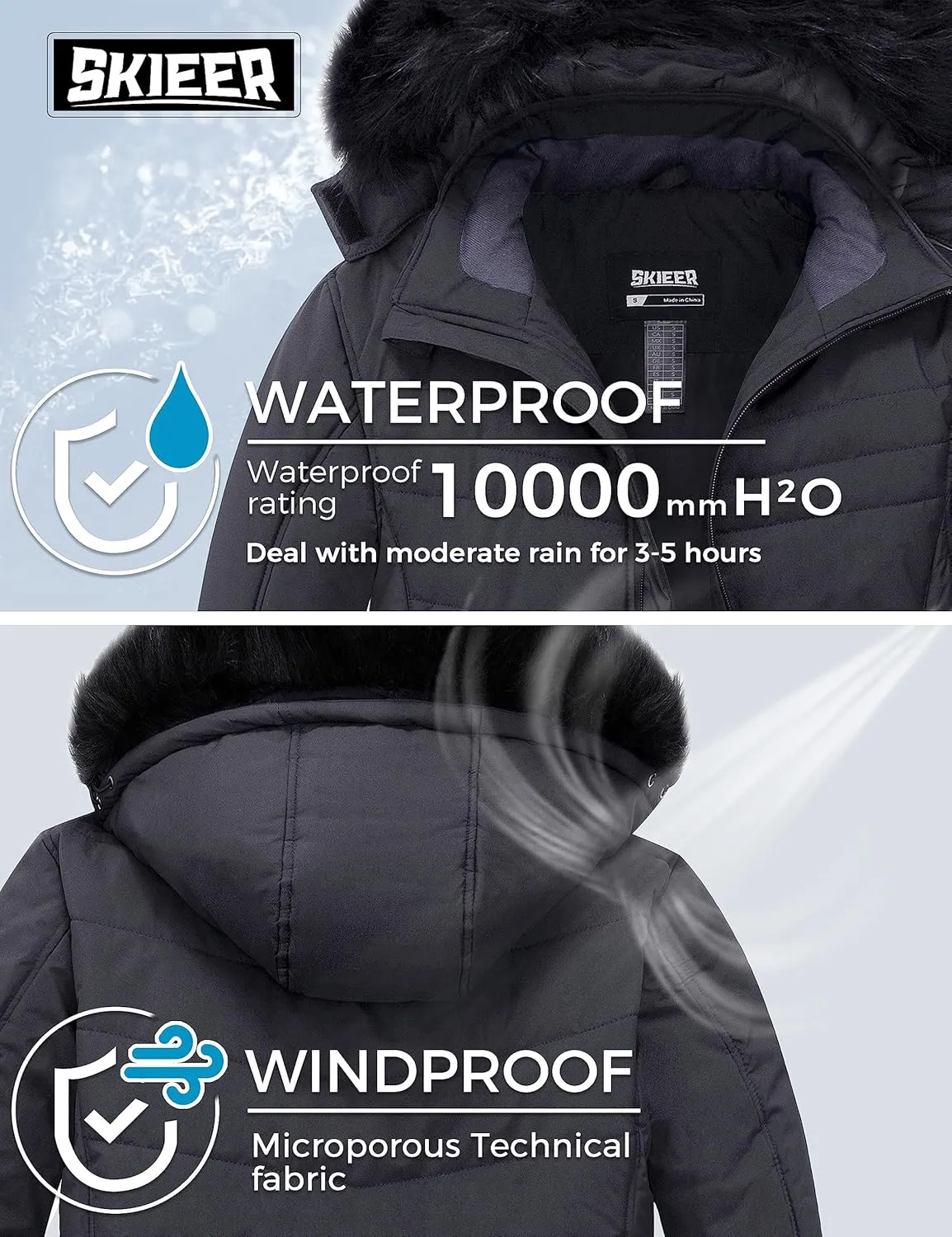 Skieer Men's Waterproof Ski Jacket Windproof Winter Coat Hooded Puffer Jacket Snowboard Rain Jacket