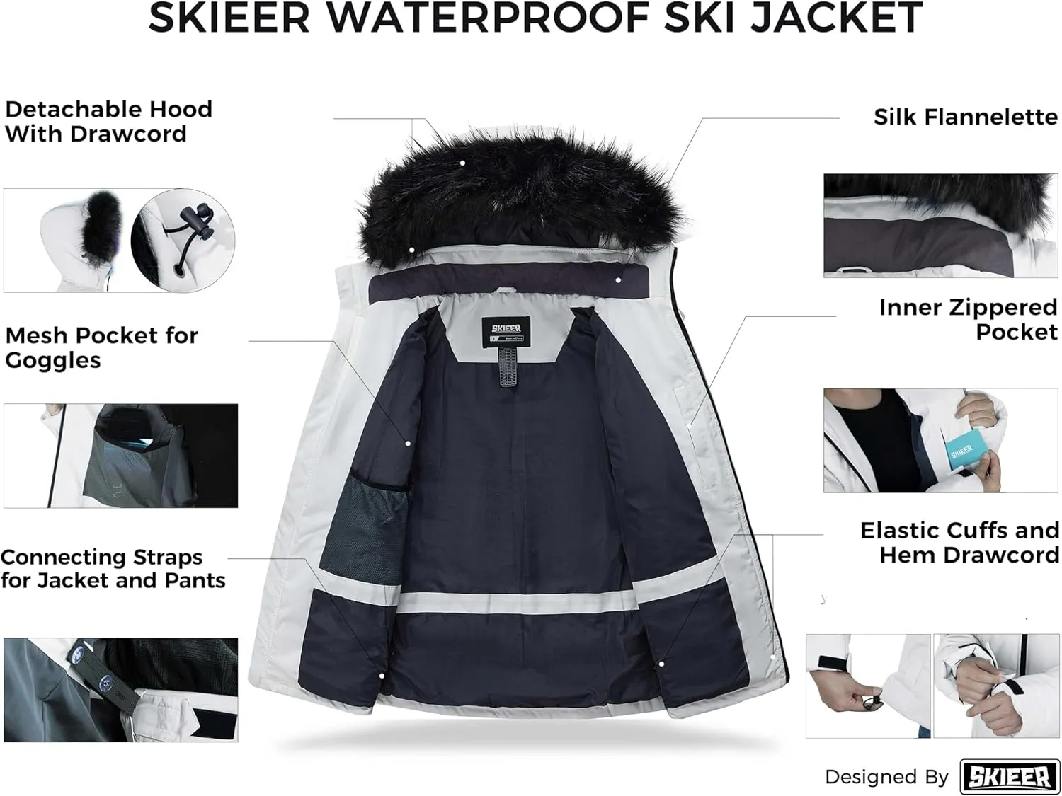 Skieer Men's Waterproof Ski Jacket Windproof Winter Coat Hooded Puffer Jacket Snowboard Rain Jacket
