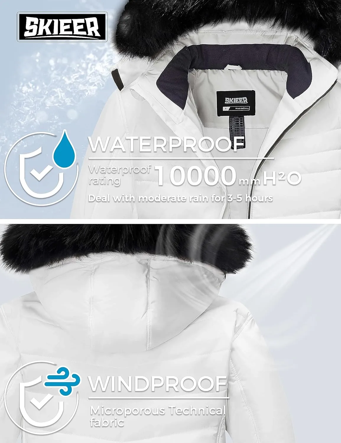 Skieer Men's Waterproof Ski Jacket Windproof Winter Coat Hooded Puffer Jacket Snowboard Rain Jacket