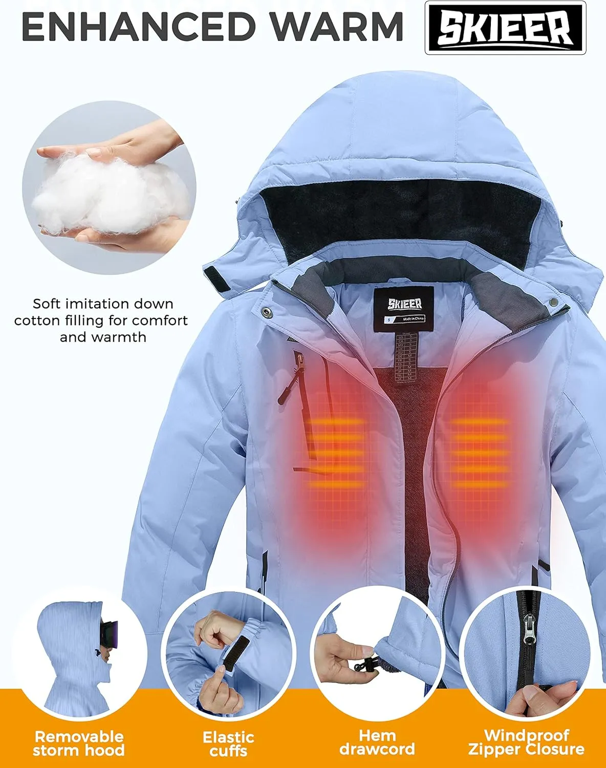 Skieer Women's Ski Jacket Waterproof Windproof Snowboard Jacket Warm Hooded Winter Coat