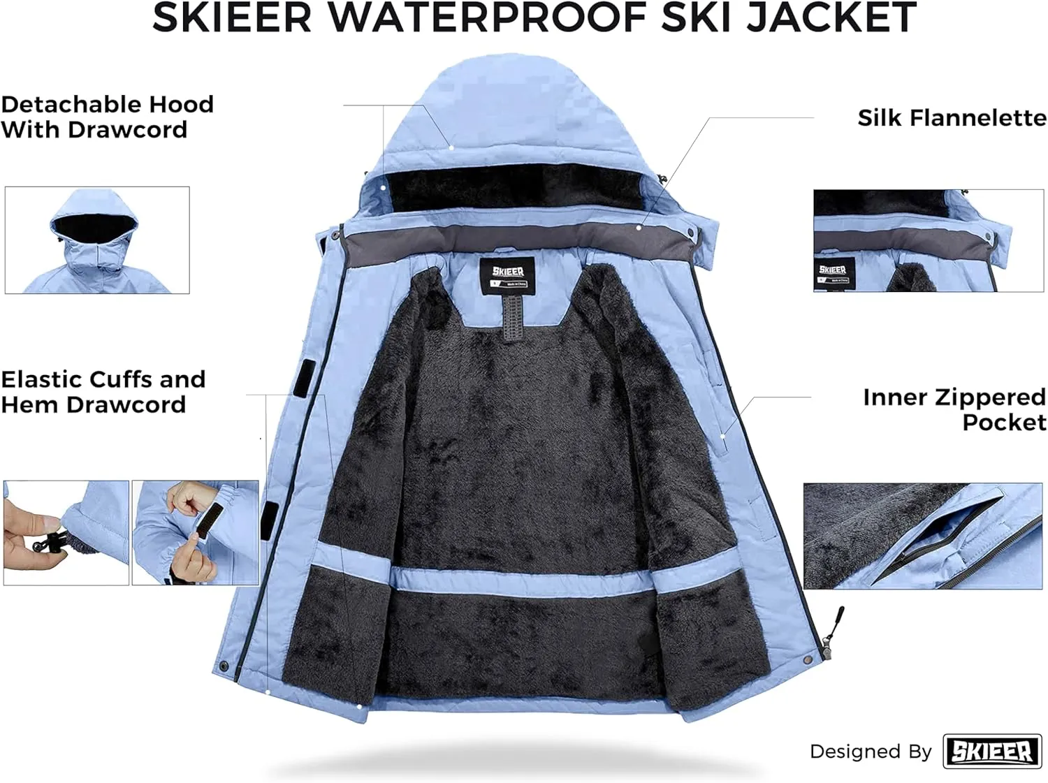 Skieer Women's Ski Jacket Waterproof Windproof Snowboard Jacket Warm Hooded Winter Coat