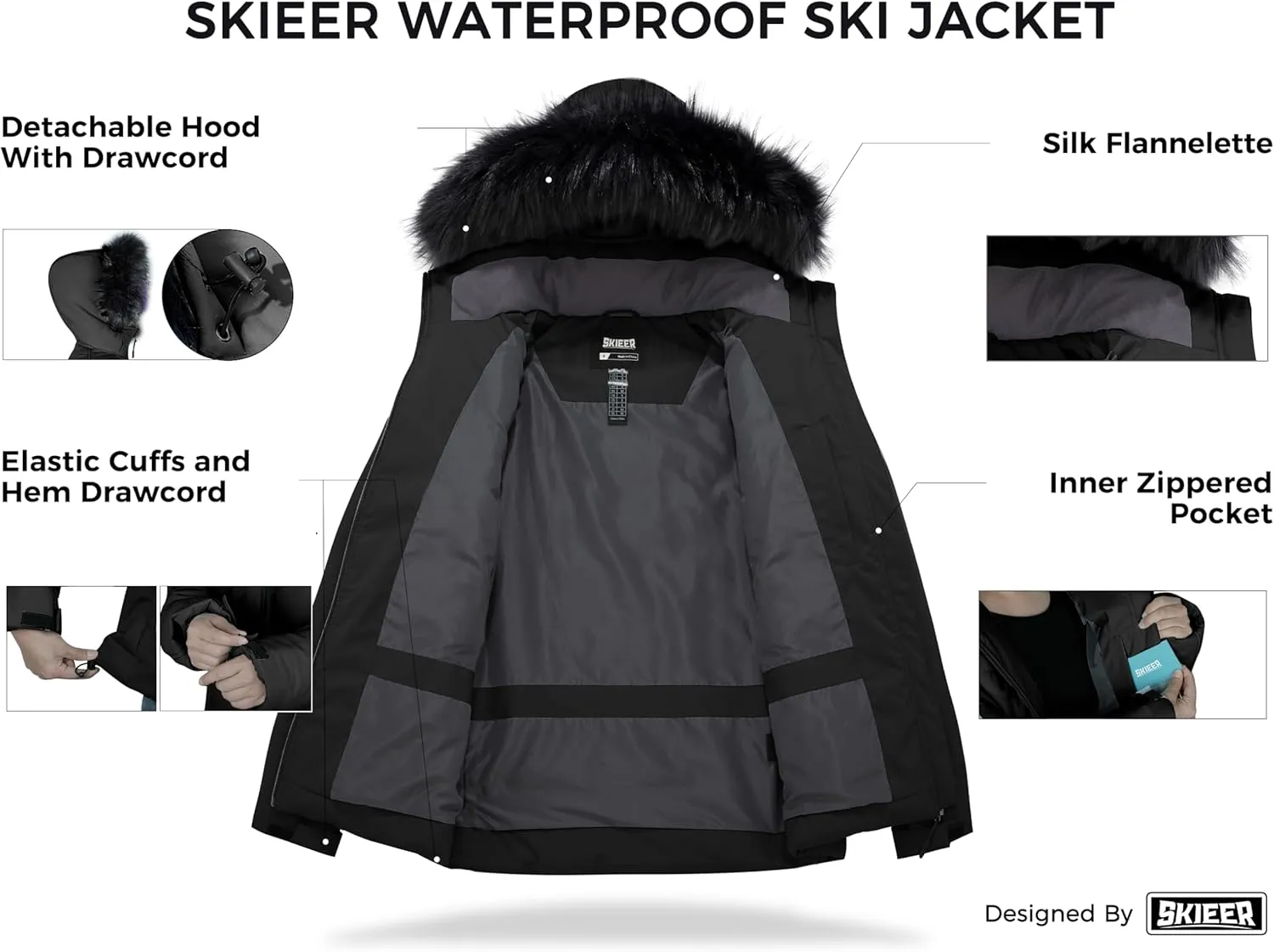 Skieer Women's Waterproof Ski Jacket Warm Puffer Jacket Thick Hooded Winter Coat