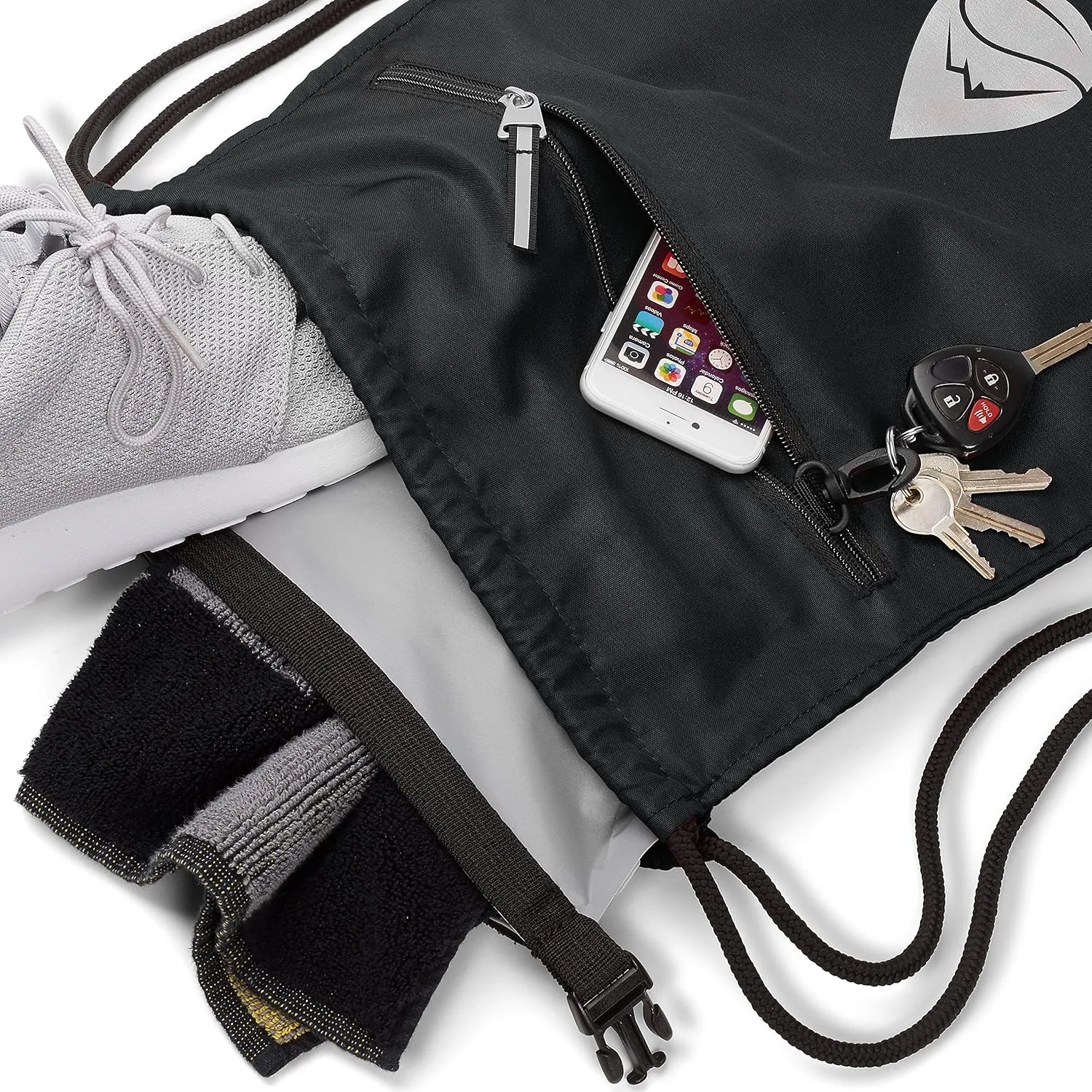 Skog Å Kust GymSak | Patented 2-in-1 Drawstring Cinch Bag with Removable Waterproof Dry Bag | Black & Grey