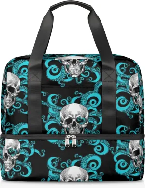 Skull Octopus Travel Bag Double Tier Zip Closure Weekender Bag with Leather Handle Waterproof Sports Tote Gym Bag for Swim Beach Gym Yoga