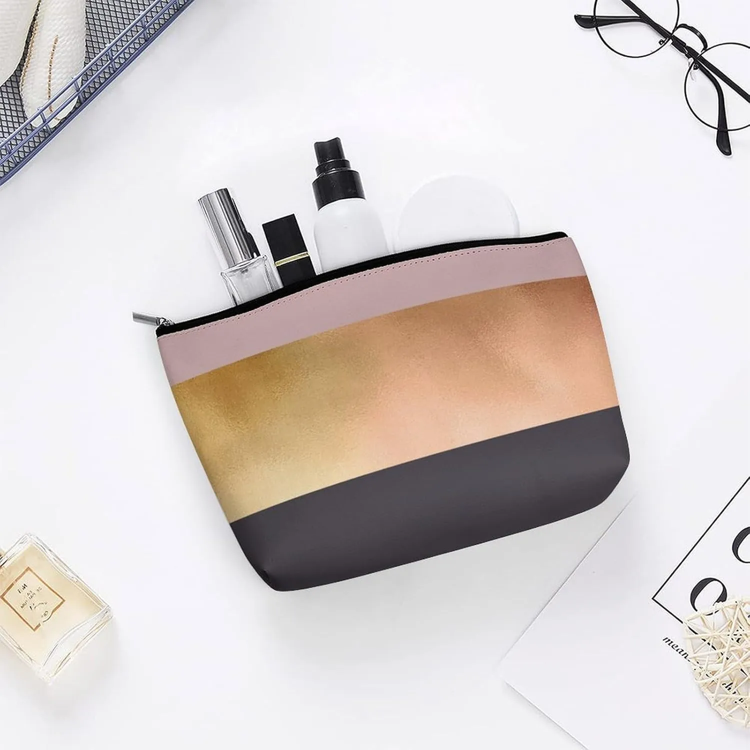 Small Cosmetic Bag, Elegant Bright Rose Gold Pink Grey Makeup Bags Elegant Roomy Pouch for Women,Travel Toiletry Accessories Organizer
