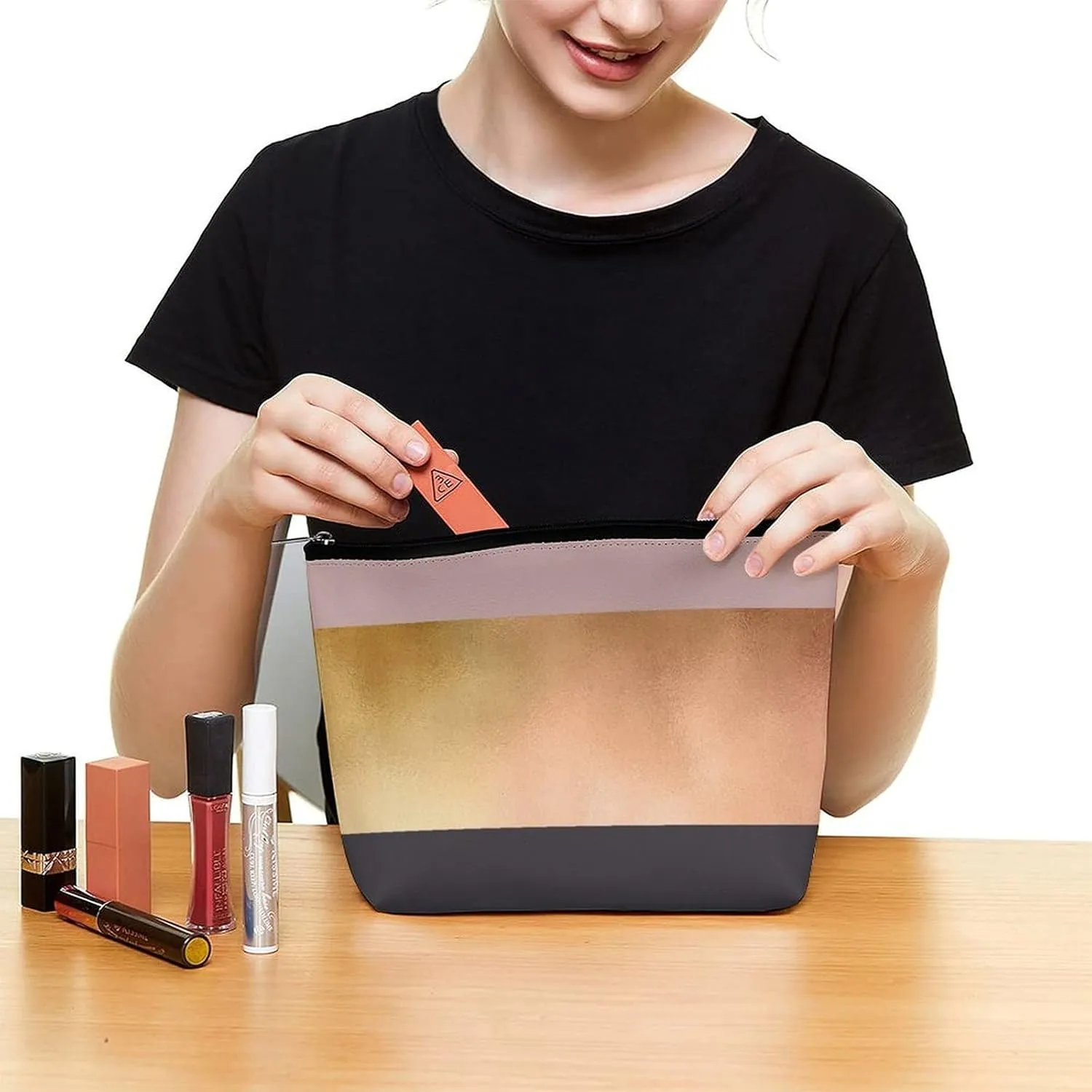 Small Cosmetic Bag, Elegant Bright Rose Gold Pink Grey Makeup Bags Elegant Roomy Pouch for Women,Travel Toiletry Accessories Organizer