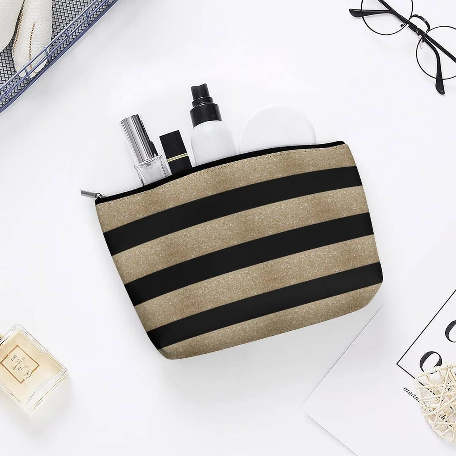 Small Cosmetic Bag, Geometric Pattern Black and Gold Stripes Makeup Bags Elegant Roomy Pouch for Women,Travel Toiletry Accessories Organizer
