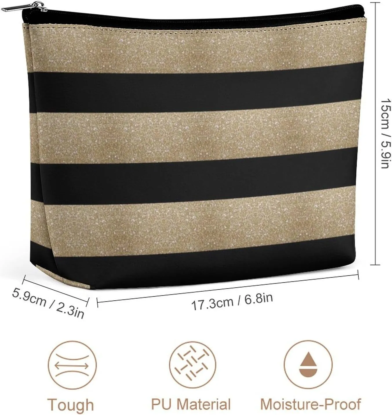 Small Cosmetic Bag, Geometric Pattern Black and Gold Stripes Makeup Bags Elegant Roomy Pouch for Women,Travel Toiletry Accessories Organizer