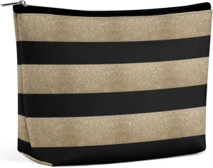 Small Cosmetic Bag, Geometric Pattern Black and Gold Stripes Makeup Bags Elegant Roomy Pouch for Women,Travel Toiletry Accessories Organizer