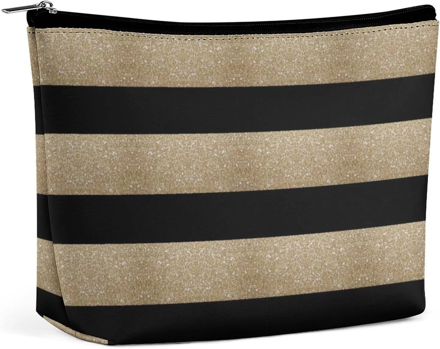 Small Cosmetic Bag, Geometric Pattern Black and Gold Stripes Makeup Bags Elegant Roomy Pouch for Women,Travel Toiletry Accessories Organizer