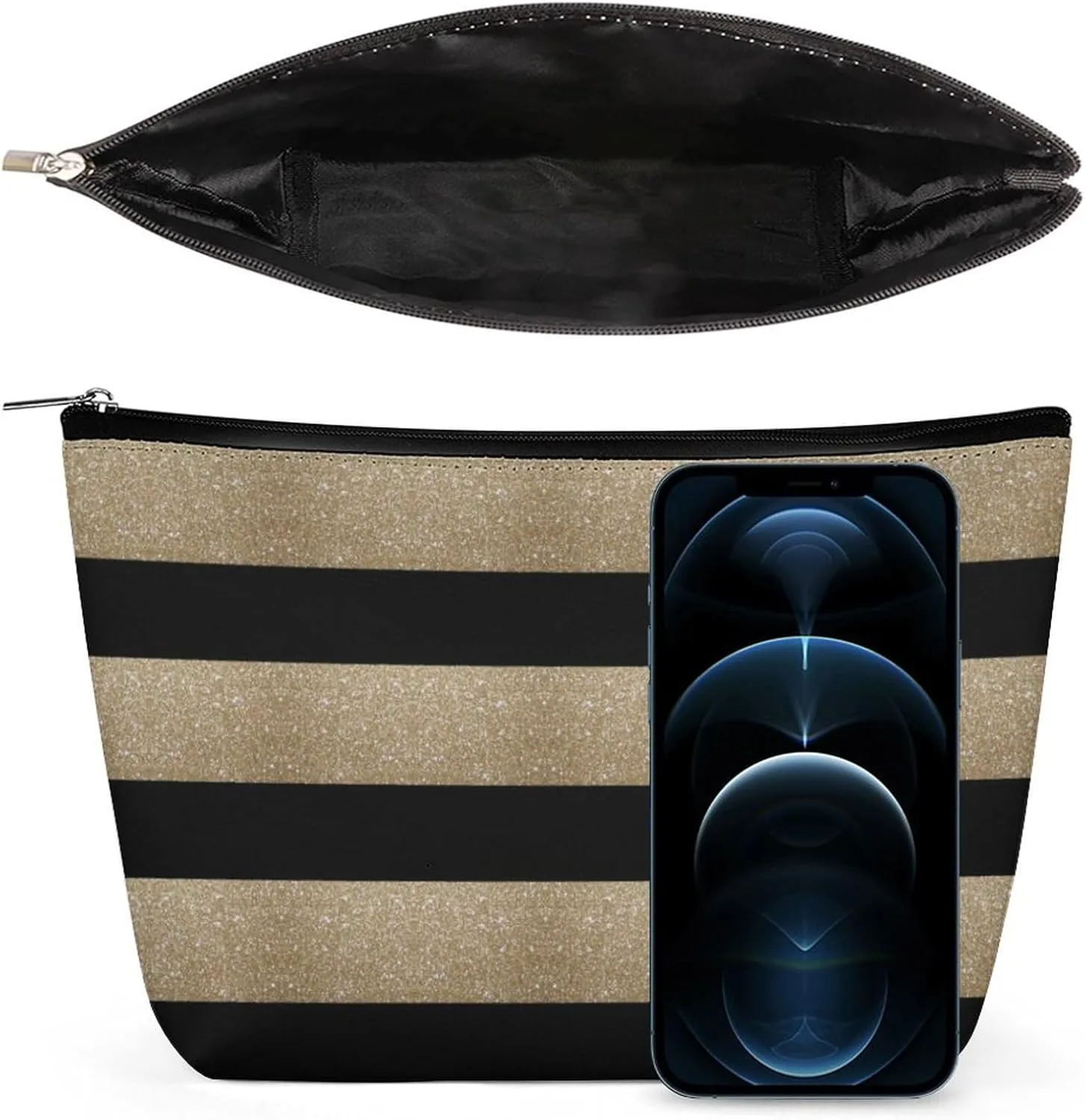 Small Cosmetic Bag, Geometric Pattern Black and Gold Stripes Makeup Bags Elegant Roomy Pouch for Women,Travel Toiletry Accessories Organizer